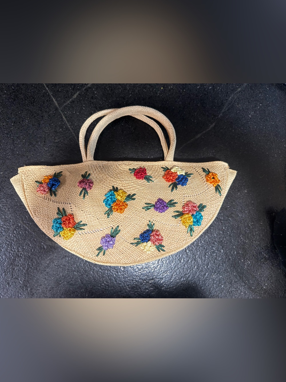 🌸 Vintage 1960s Half-Moon Raffia Tote Bag – Hand-Embroidered Floral Purse